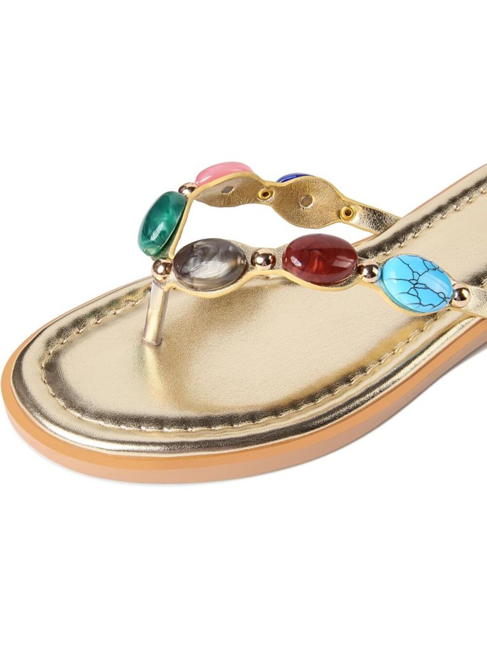 Women's Gold Polyurethane Open Round Toe Flip Flops Comfy Slip on Flats Sandals - Picture 5 of 6